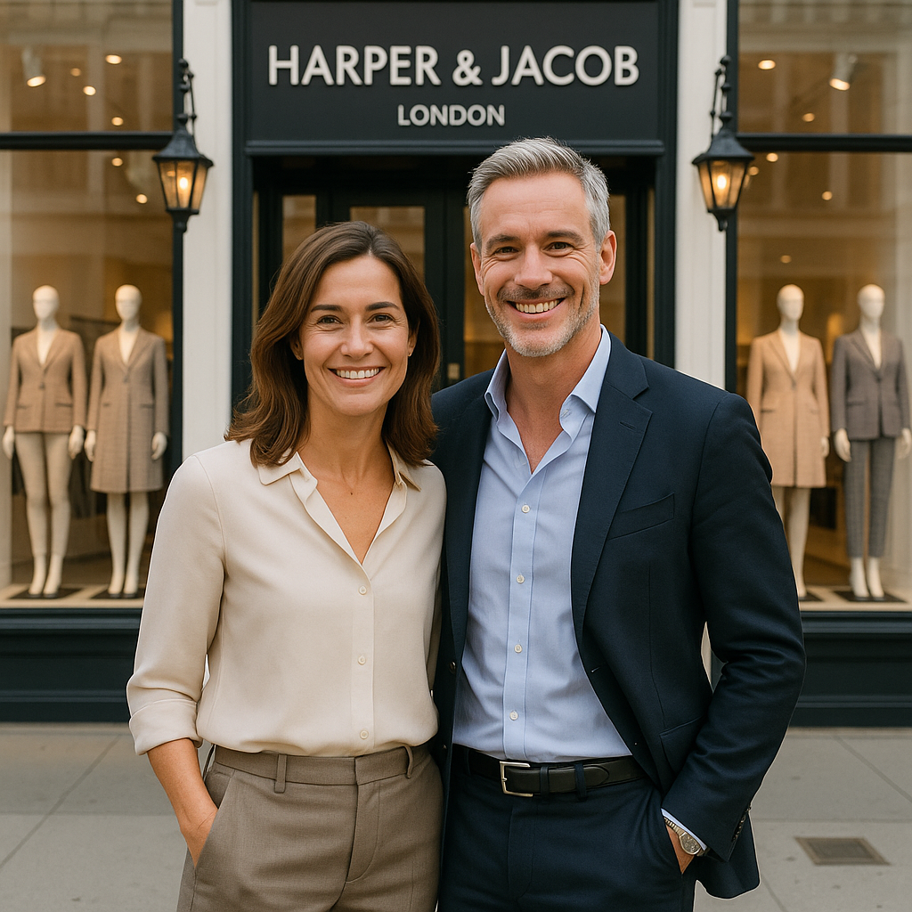 Man and woman standing in front of a store named 'Harper & Jacob London'.